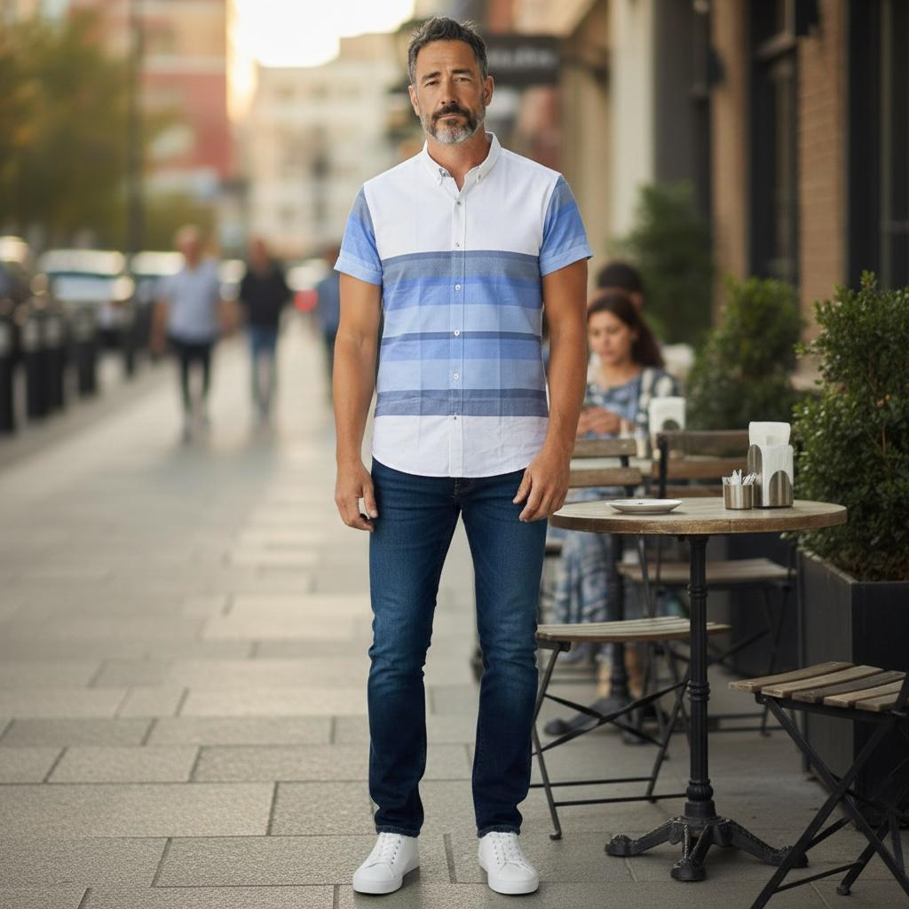 Slim Fit Pamuklu Çizgili Pano Desen Kısa Kollu Gömlek (Slim Fit Kalıp)