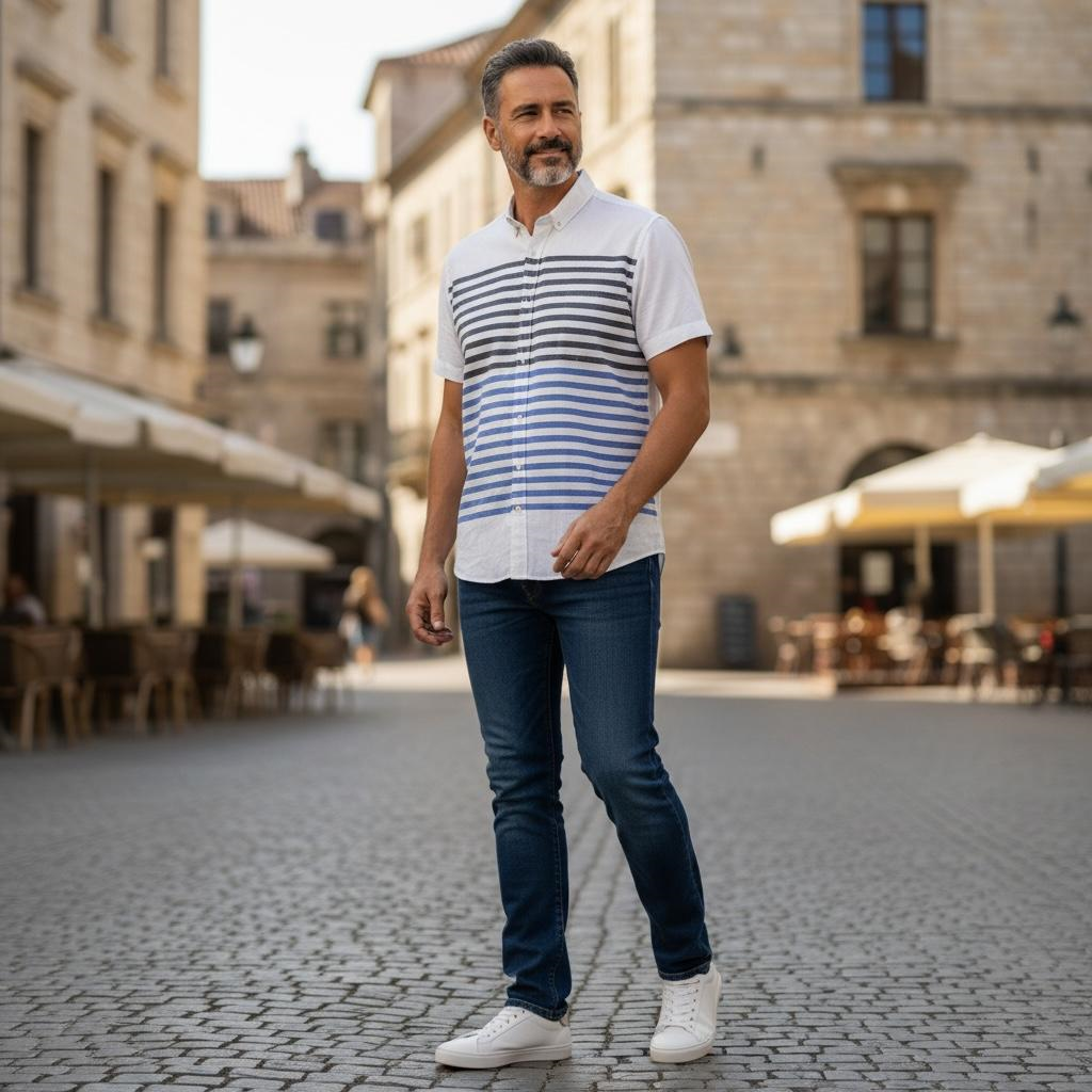 Slim Fit Pamuklu Çizgili Pano Desen Kısa Kollu Gömlek (Slim Fit Kalıp)