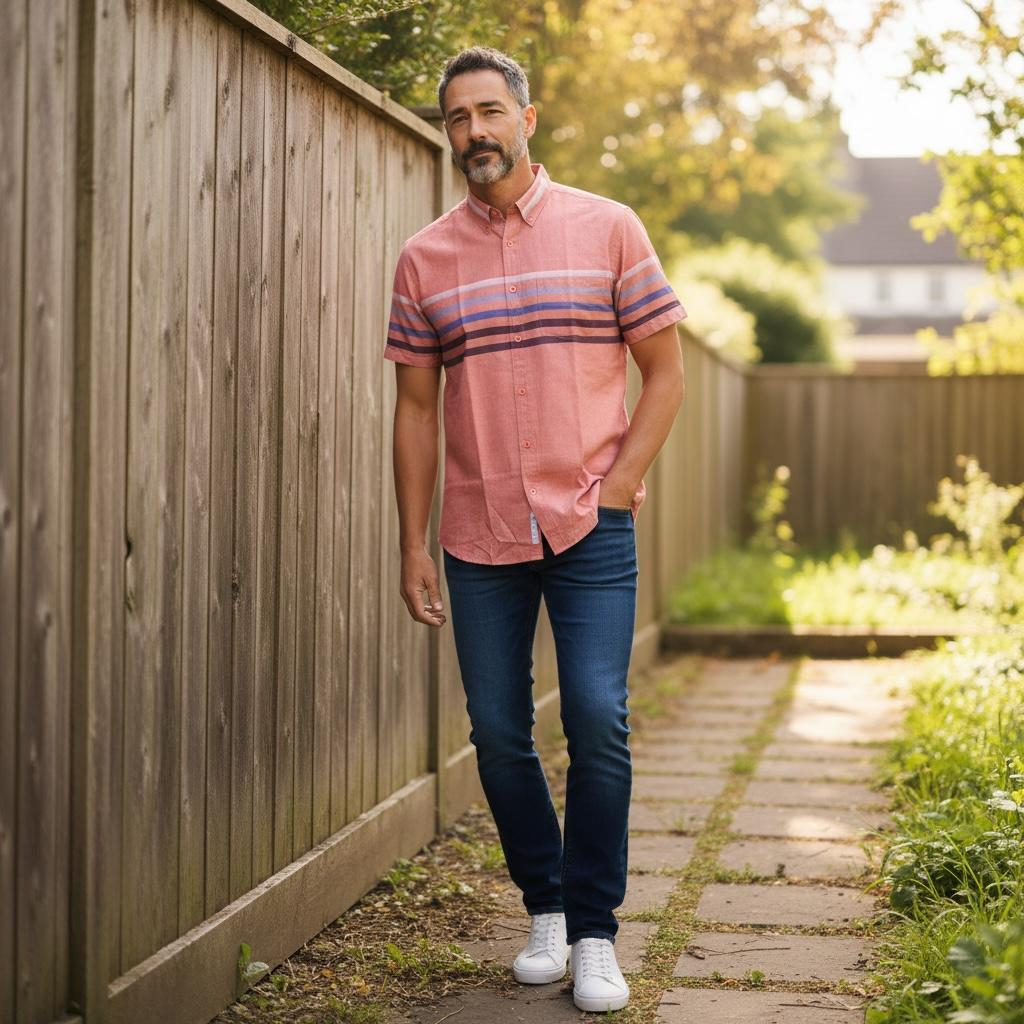 Slim Fit Pamuklu Çizgili Pano Desen Kısa Kollu Gömlek (Slim Fit Kalıp)