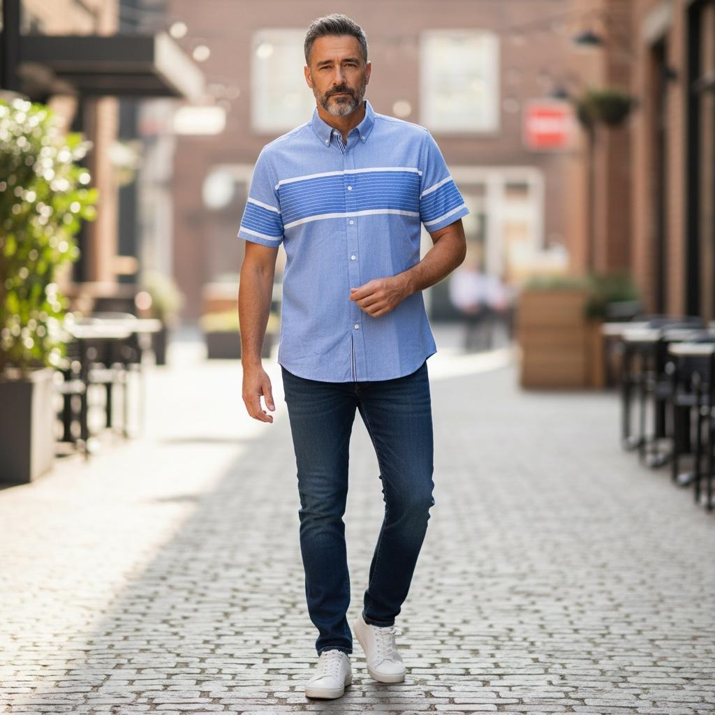 Slim Fit Pamuklu Çizgili Pano Desen Kısa Kollu Gömlek (Slim Fit Kalıp)
