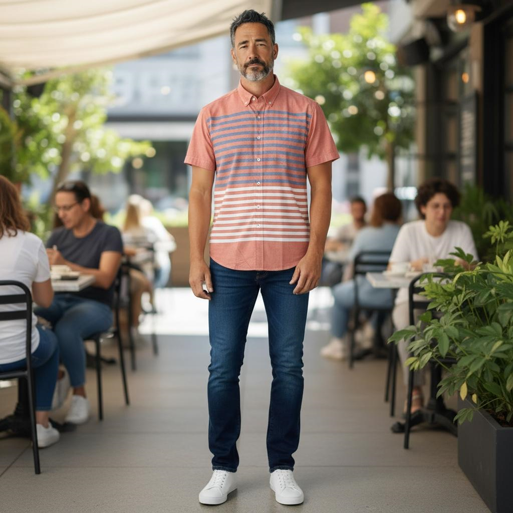 Slim Fit Pamuklu Çizgili Pano Desen Kısa Kollu Gömlek (Slim Fit Kalıp)