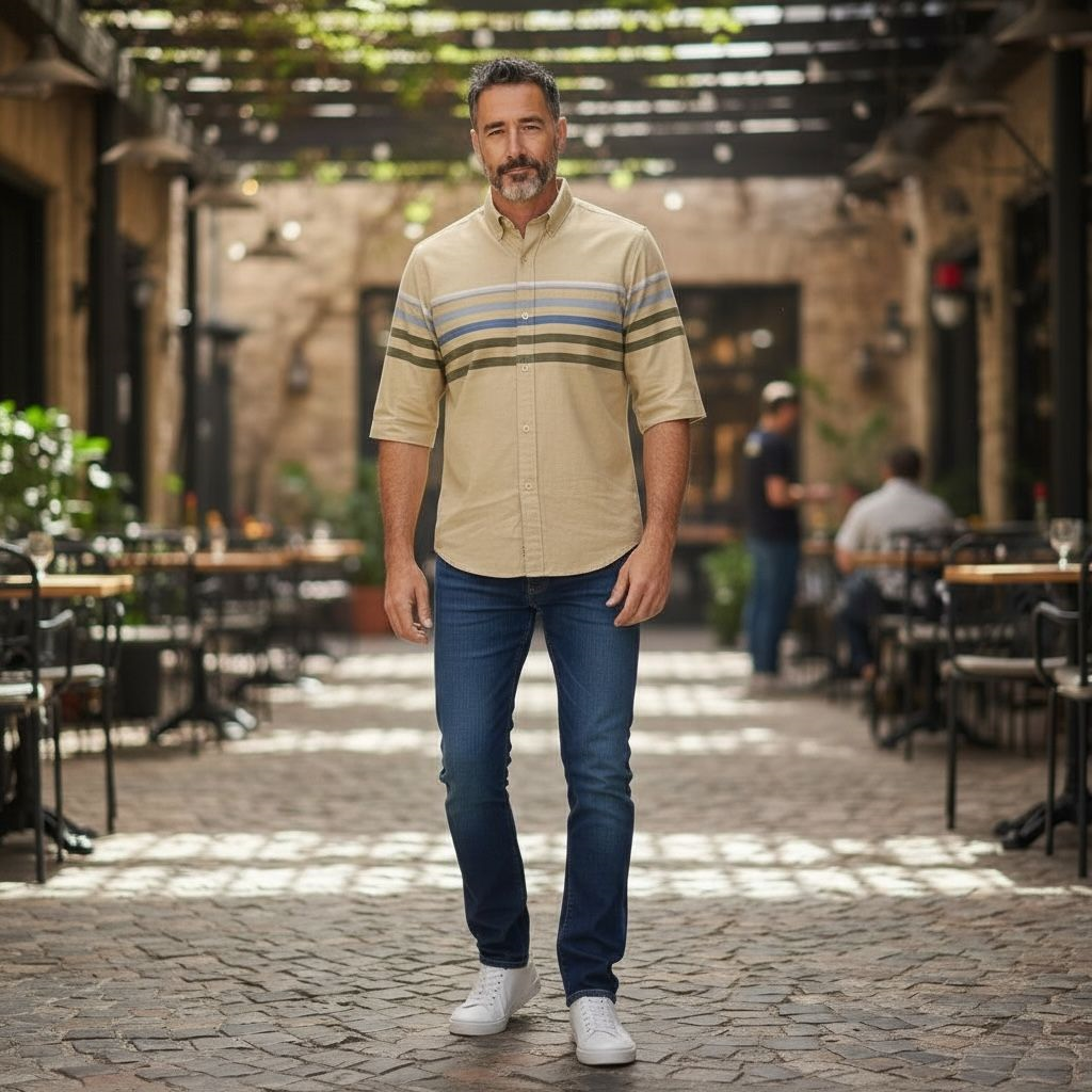 Slim Fit Pamuklu Çizgili Pano Desen Kısa Kollu Gömlek (Slim Fit Kalıp)