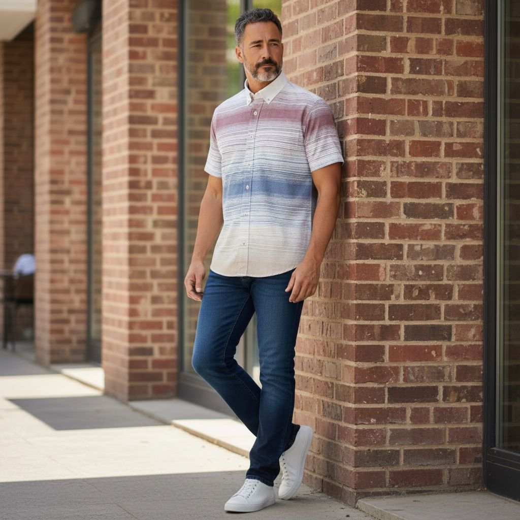 Slim Fit Pamuklu Çizgili Pano Desen Kısa Kollu Gömlek (Slim Fit Kalıp)