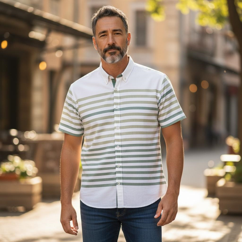 Slim Fit Pamuklu Çizgili Pano Desen Kısa Kollu Gömlek (Slim Fit Kalıp)