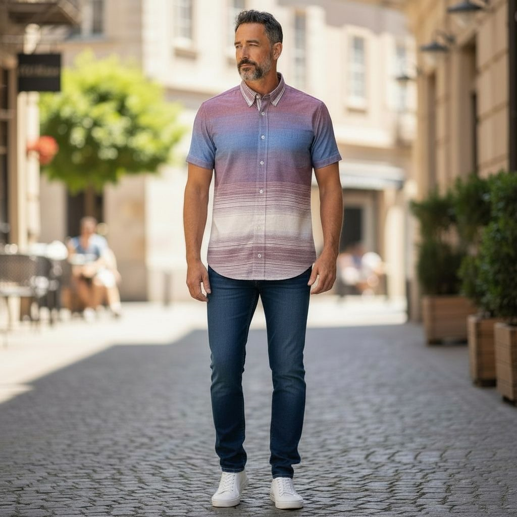 Slim Fit Pamuklu Çizgili Pano Desen Kısa Kollu Gömlek (Slim Fit Kalıp)