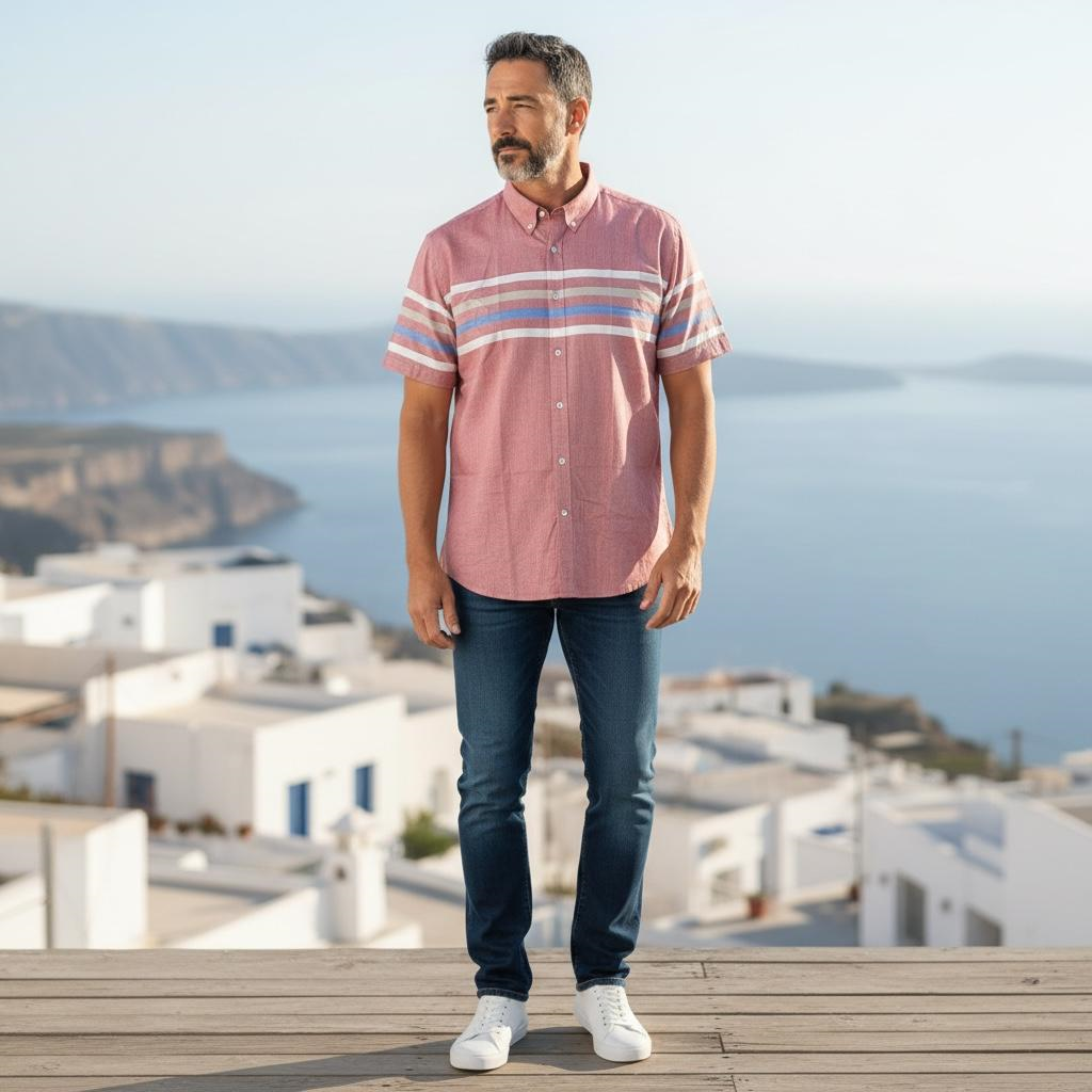 Slim Fit Pamuklu Çizgili Pano Desen Kısa Kollu Gömlek (Slim Fit Kalıp)