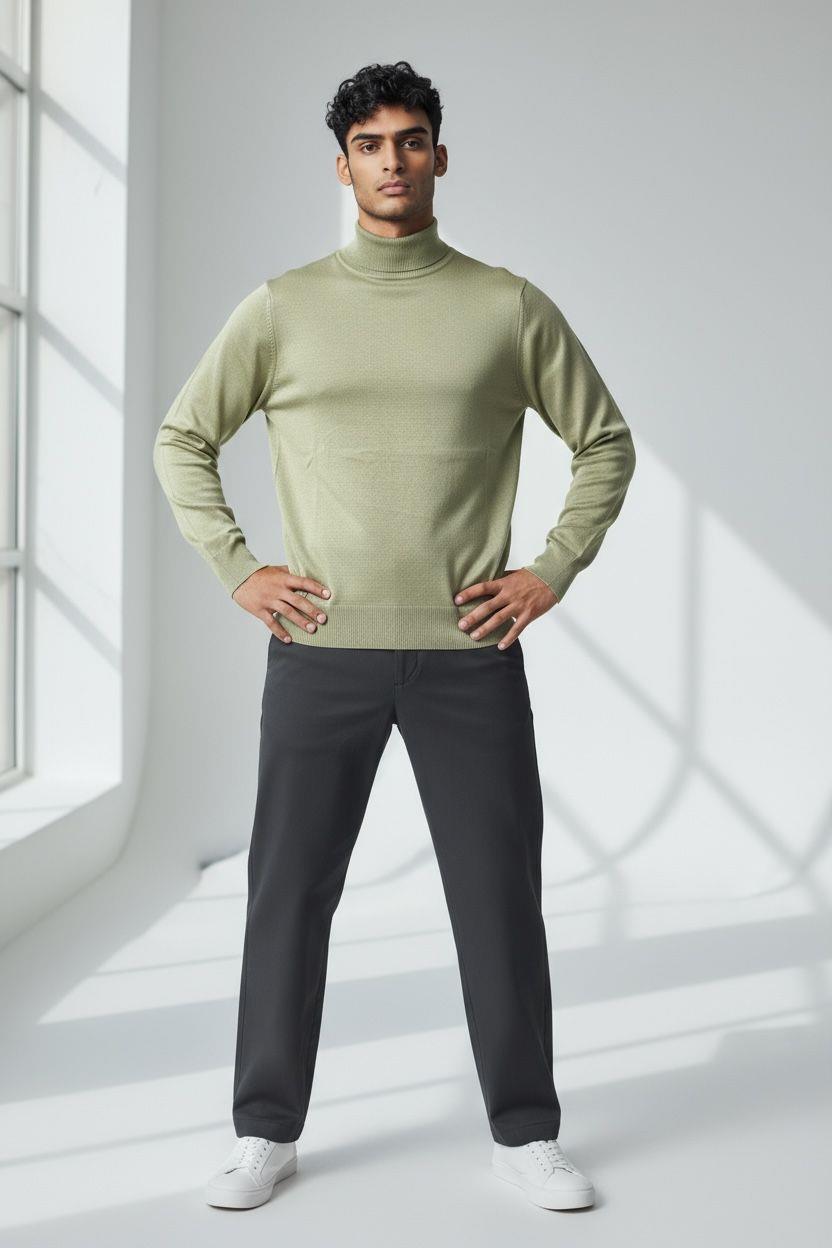 Uzun Kollu Bej Balıkçı Yaka Kazak (Unisex)