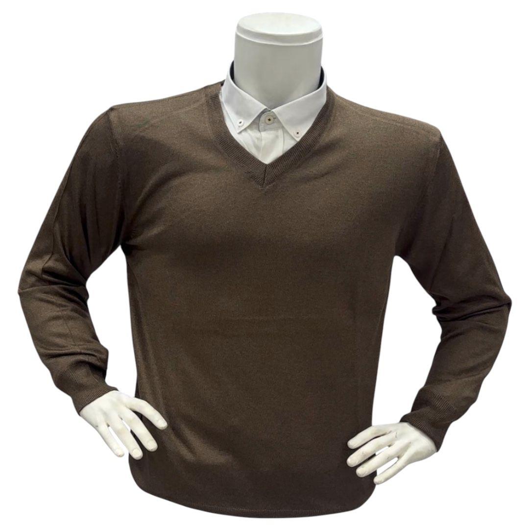 Uzun Kollu Kahverengi V Yaka Kazak (Unisex)