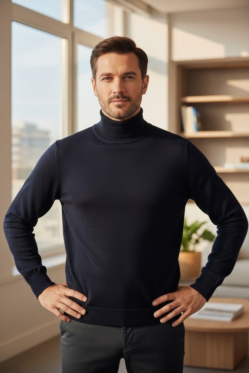 Uzun Kollu Lacivert Balıkçı Yaka Kazak (Unisex)