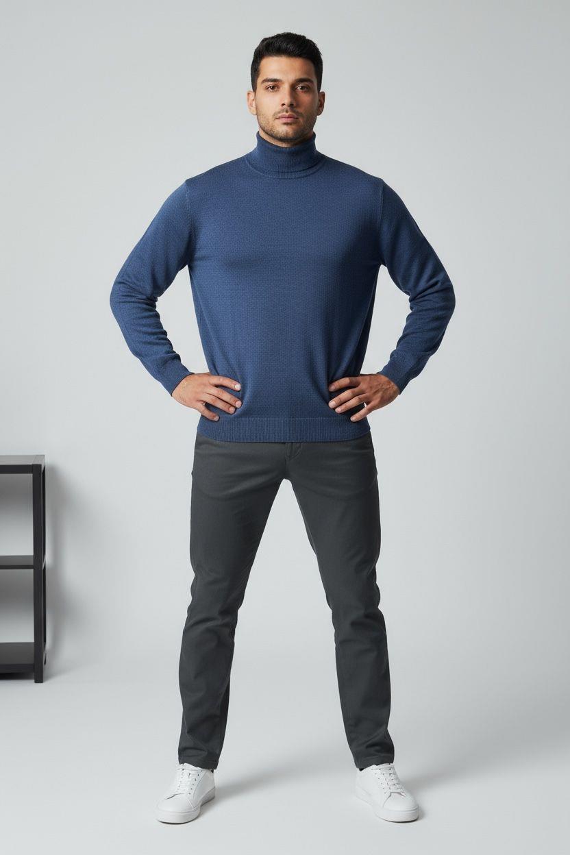 Uzun Kollu Mavi Balıkçı Yaka Kazak (Unisex)