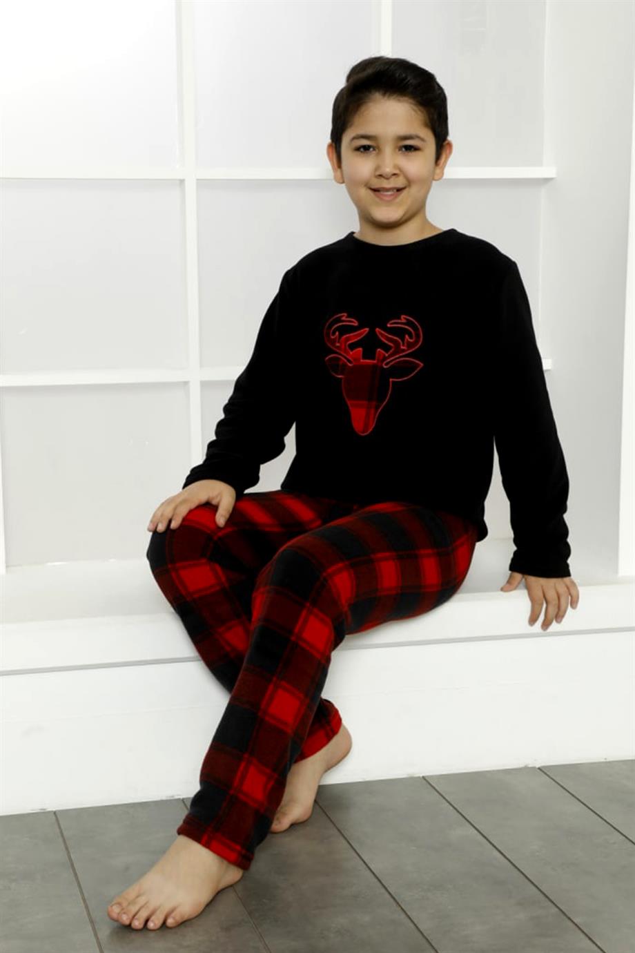 Kışlık Baba Oğul Polar Pijama Takımı -Geyikli Yılbaşı Aile Pijaması- Tek  Adet - LDF1544