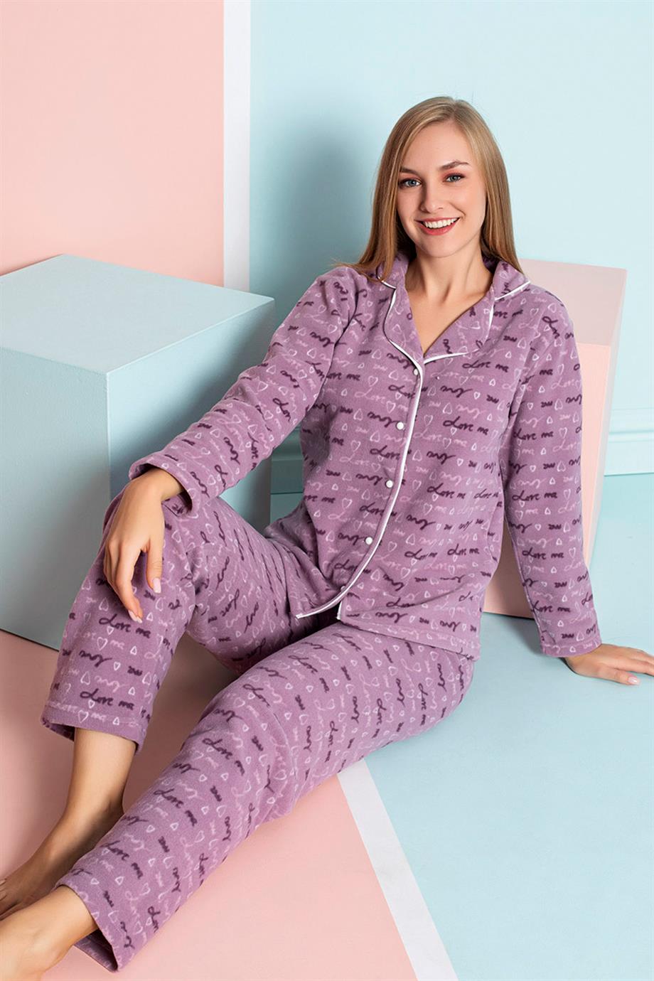 Nisanca Kadın Kışlık Welsoft Peluş Polar Düğmeli Pijama Takımı - P-852-9896