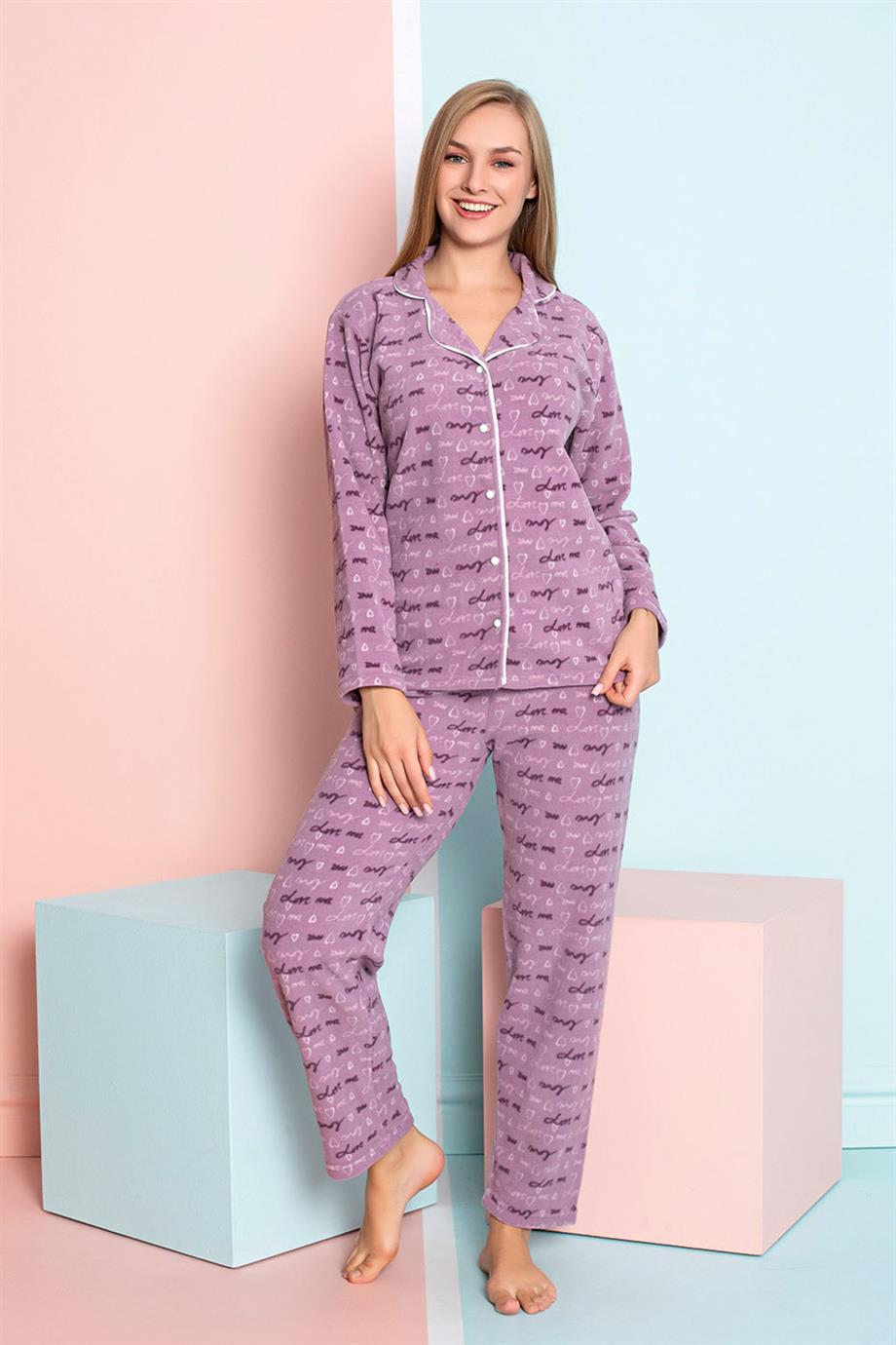 Nisanca Kadın Kışlık Welsoft Peluş Polar Düğmeli Pijama Takımı