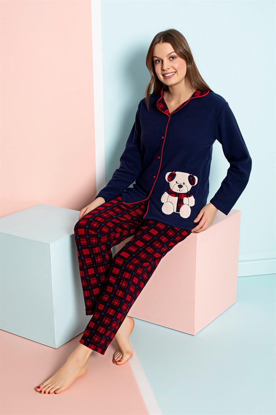 Nisanca Kışlık Kadın Gömlek Polar Pijama Takımı- Kadın Düğmeli Polar Pijama  Takımı - P-200-360S