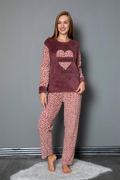 Kışlık Uzun Kollu Bayan Peluş Polar Pijama Takımı İpeksi Doku