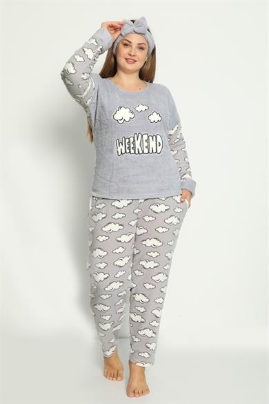 Nisanca Büyük Beden Peluş Polar Pijama Takımı- Saç Bandı Hediyeli 