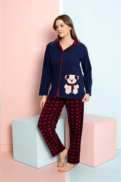 Nisanca Kışlık Kadın Gömlek Polar Pijama Takımı- Kadın Düğmeli Polar Pijama Takımı