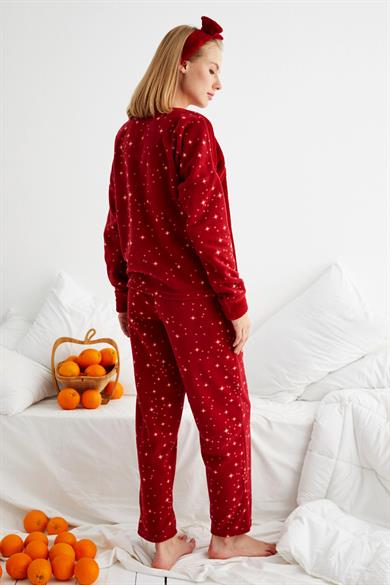 Nisanca Kışlık Polar Yılbaşı Kadın Pijama Takımı- Saç Bandı Hediyeli 
