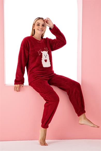 Nisanca Tam Peluş Kışlık Kadın Pijama Takımı- Polar Yılbaşı Pijaması 