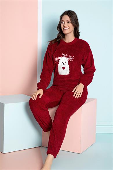Nisanca Tam Peluş Kışlık Kadın Pijama Takımı- Polar Yılbaşı Pijaması 