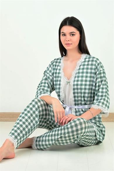 Sabahlıklı Dantel Detaylı Pegasus Kadın Pijama Takımı-Çeyizlik Takım- Geniş Beden Aralığı