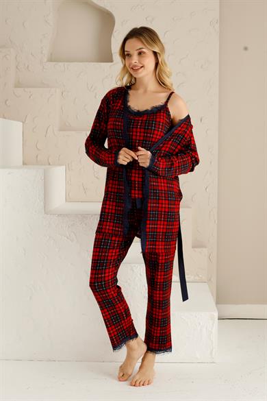 Sabahlıklıklı 3 Parça Çeyizlik Kutulu Kadın Pijama Takımı- Dantelli Kutulu Kadın Pijama- Geniş Beden Aralığı