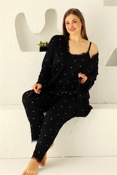 Sabahlıklıklı 3 Parça Çeyizlik Kutulu Kadın Pijama Takımı- Dantelli Kutulu Kadın Pijama- Geniş Beden Aralığı