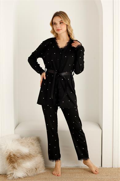 Sabahlıklıklı 3 Parça Çeyizlik Kutulu Kadın Pijama Takımı- Dantelli Kutulu Kadın Pijama- Geniş Beden Aralığı