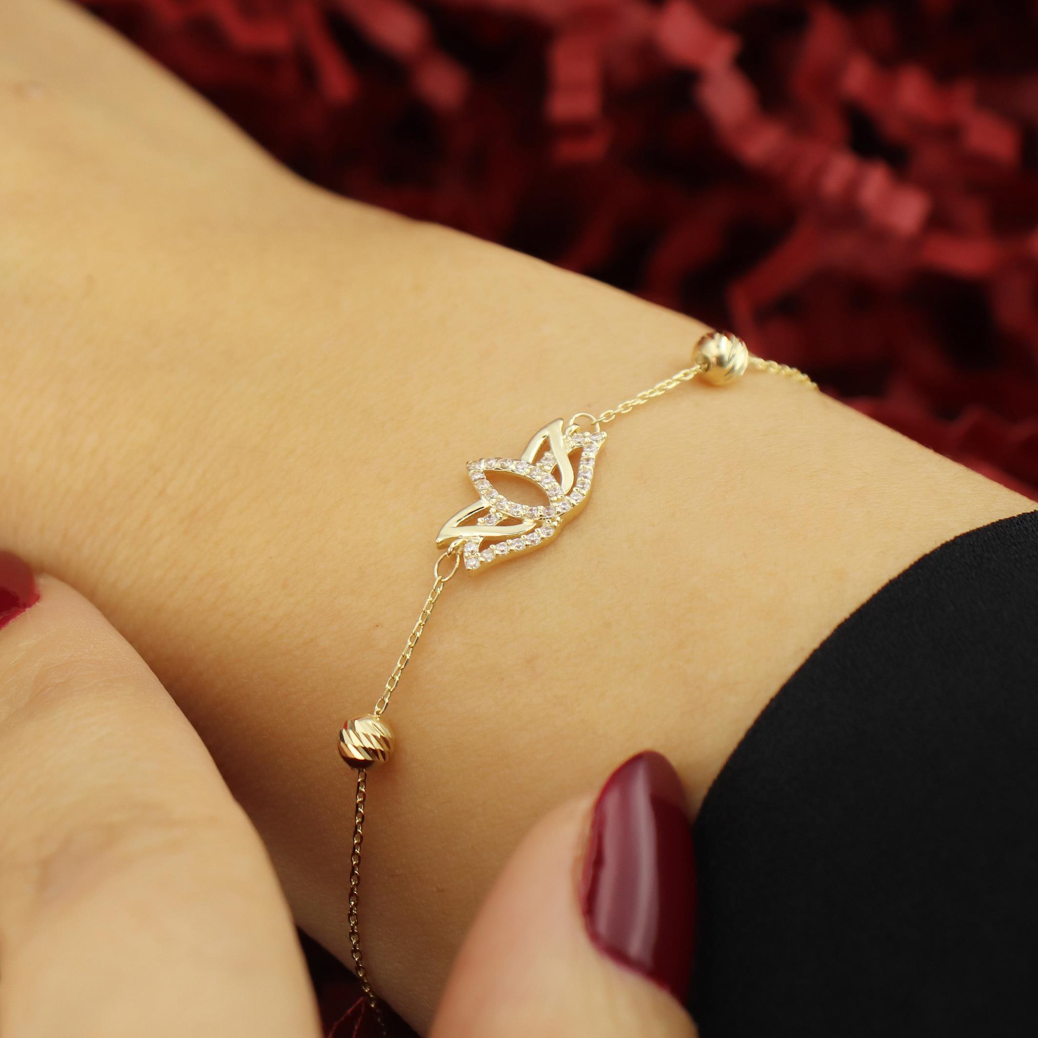 14 Ayar Altın Dorika Toplu Lotus Çiçeği Kadın Bileklik