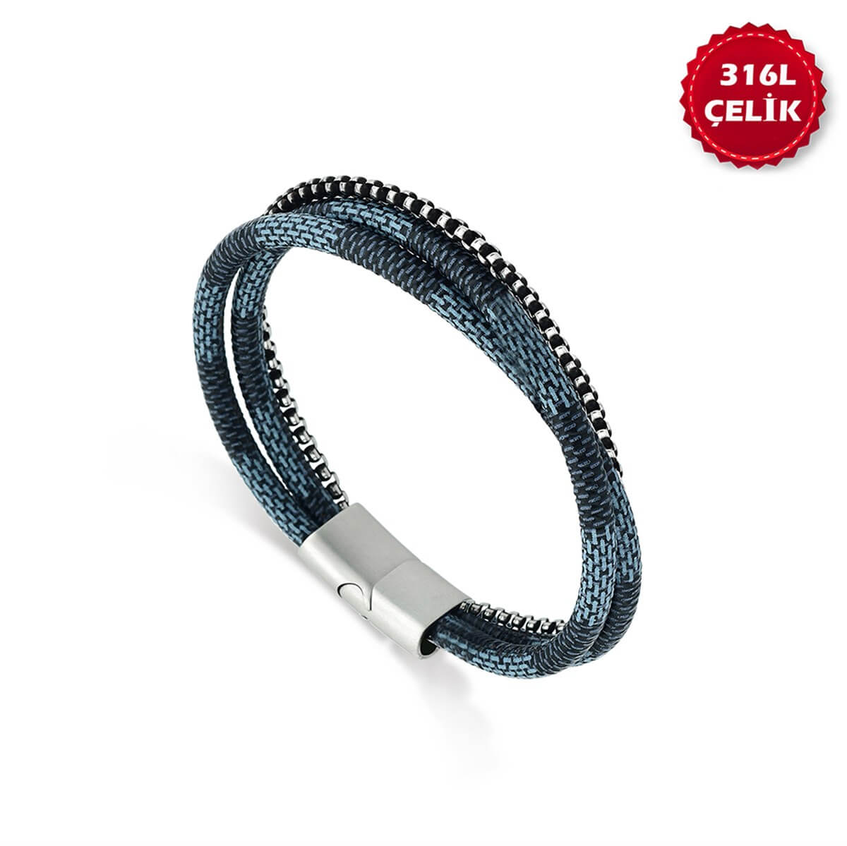 Modern Tasarım Mavi Erkek Çelik Deri Bileklik BLC 109 18 00 00