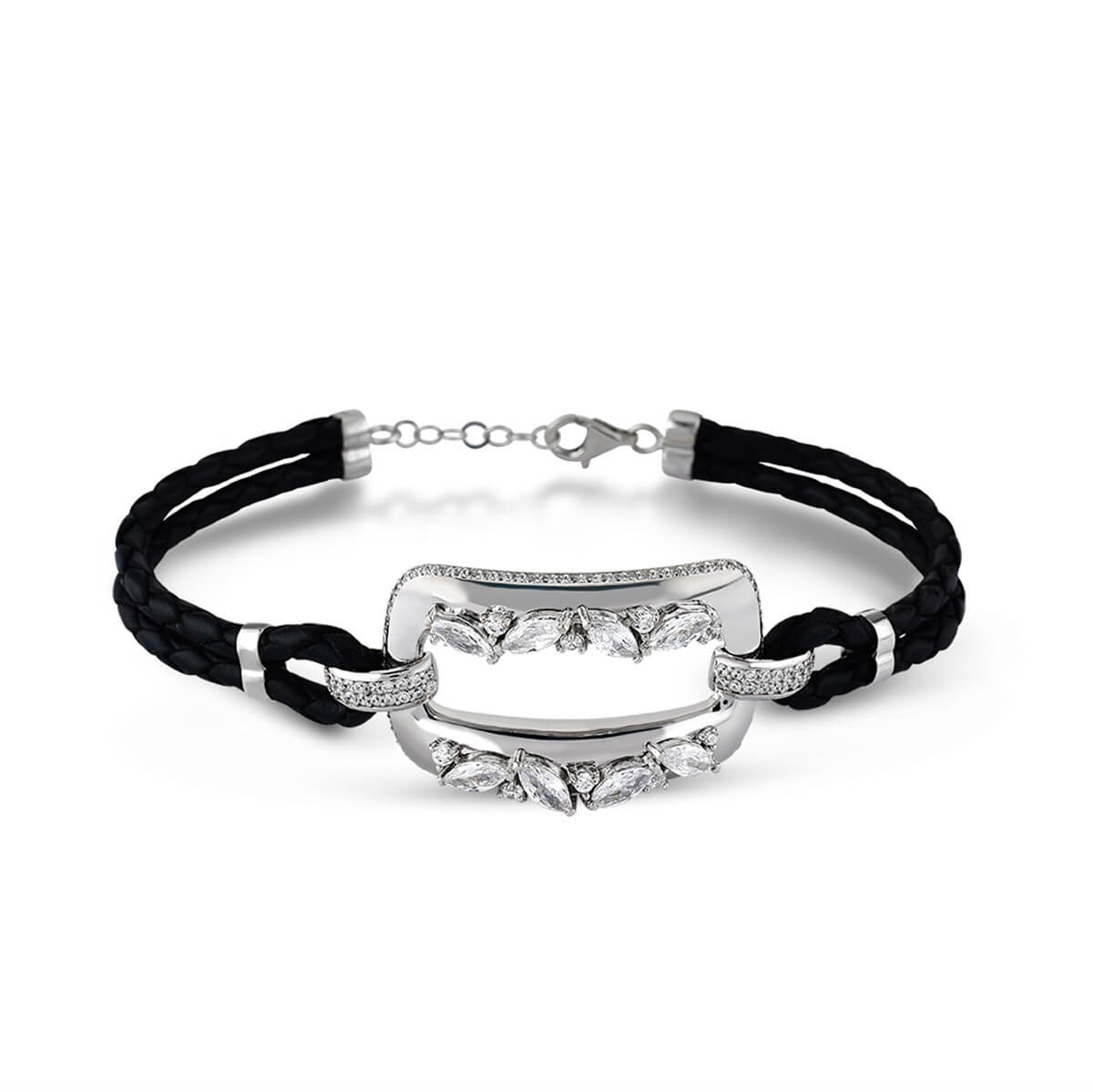 Taşlı Gümüş Deri Bileklik