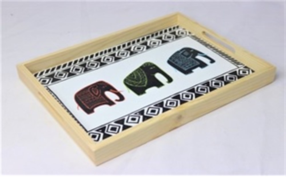 AHŞAP KENARLI BASKILI TEPSİ DESENLİ