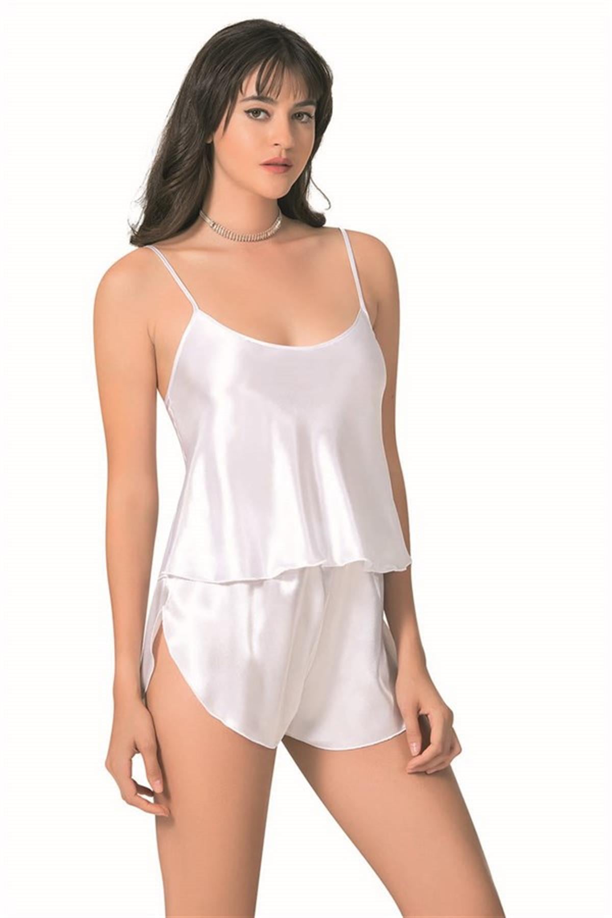 Markano  Beyaz Saten Babydoll Şort Takımı