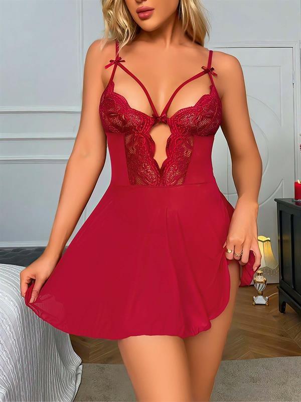 Aria's Closet Bordo Dantel İşlemeli Göğüs İp Detaylı Fantezi Tül Gecelik Takımı