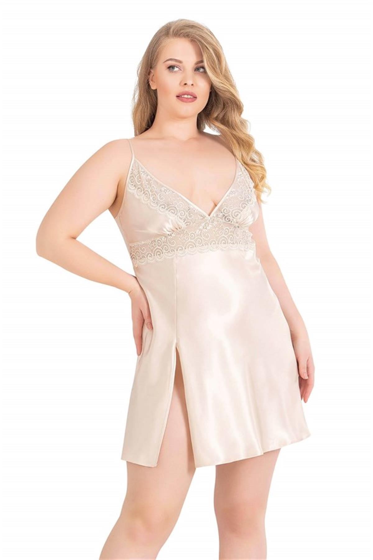 Markano Plus Size Elfenbeinfarbenes Kurzes Satin Nachthemd