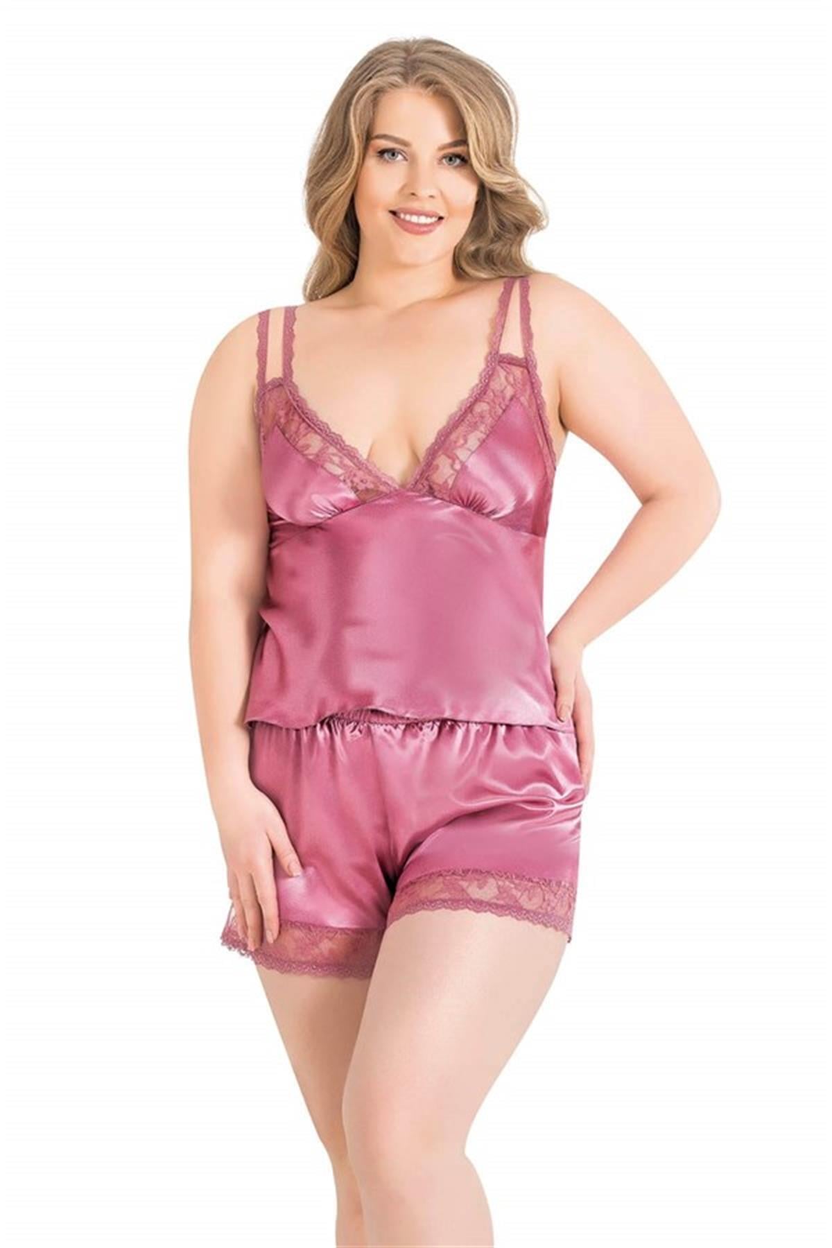 Markano Plus Size Rose Dry Satin Babydoll Shorts Set