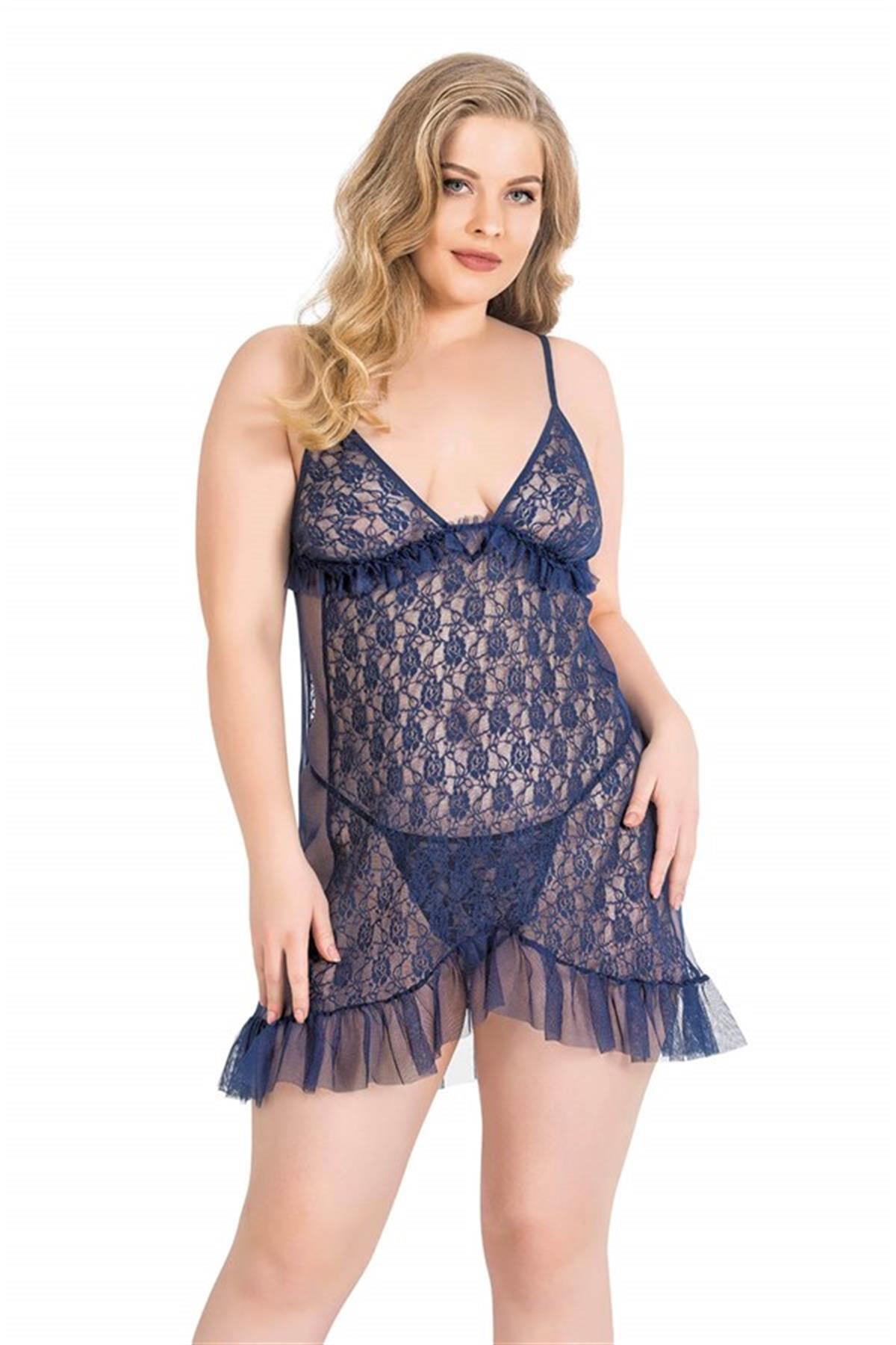 Markano Plus Size Marineblau Kurzes Tüll-Nachthemd