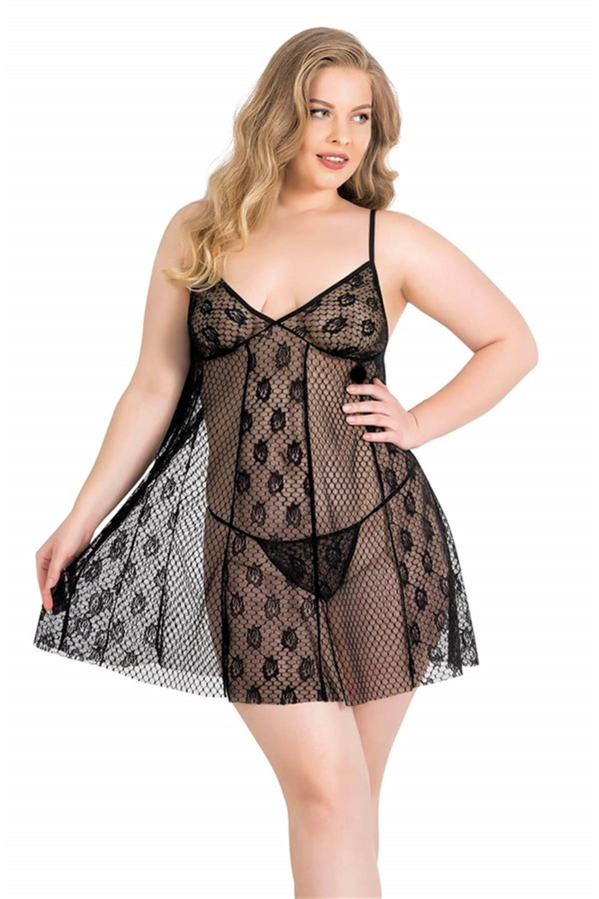 Markano Plus Size Black Short Tulle Nightdress