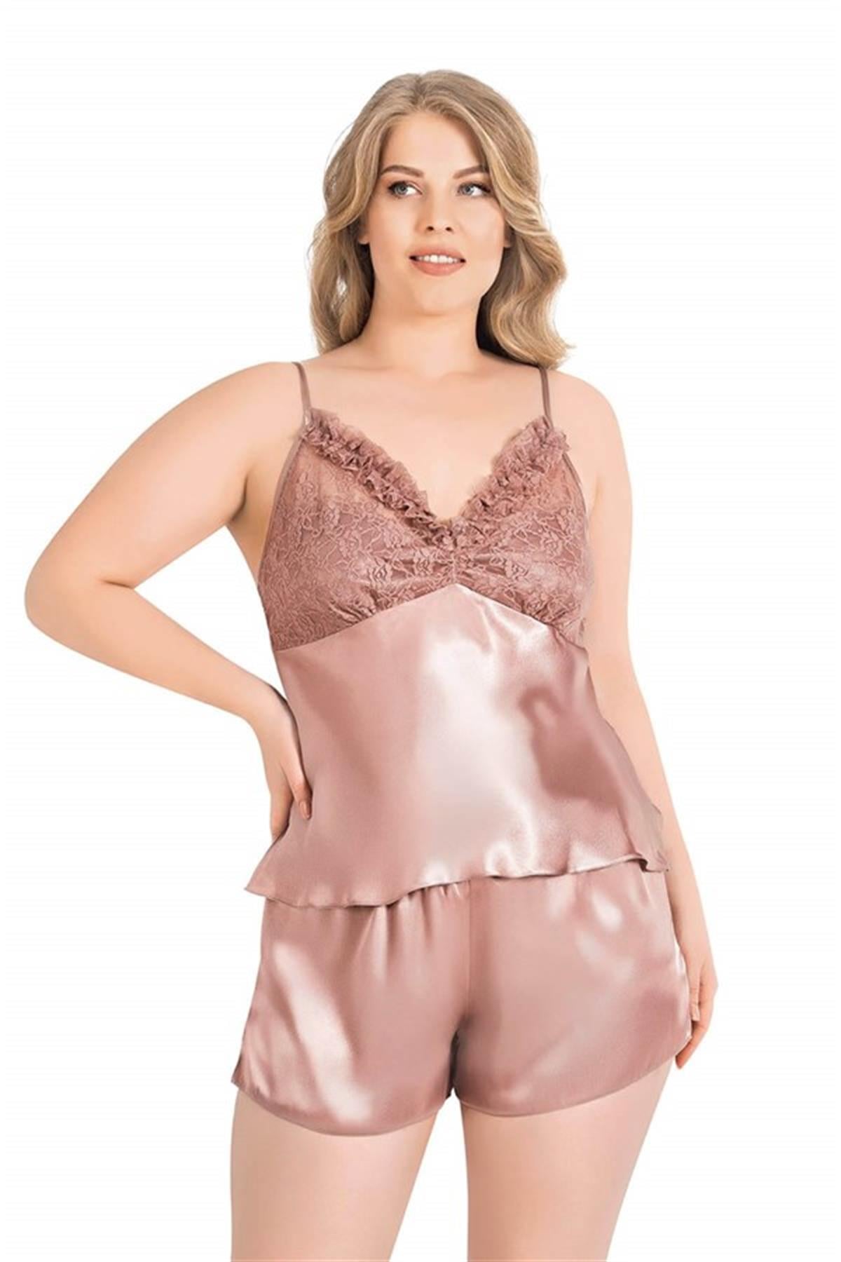 Markano Plus Size Mink Satin Babydoll Shorts Set