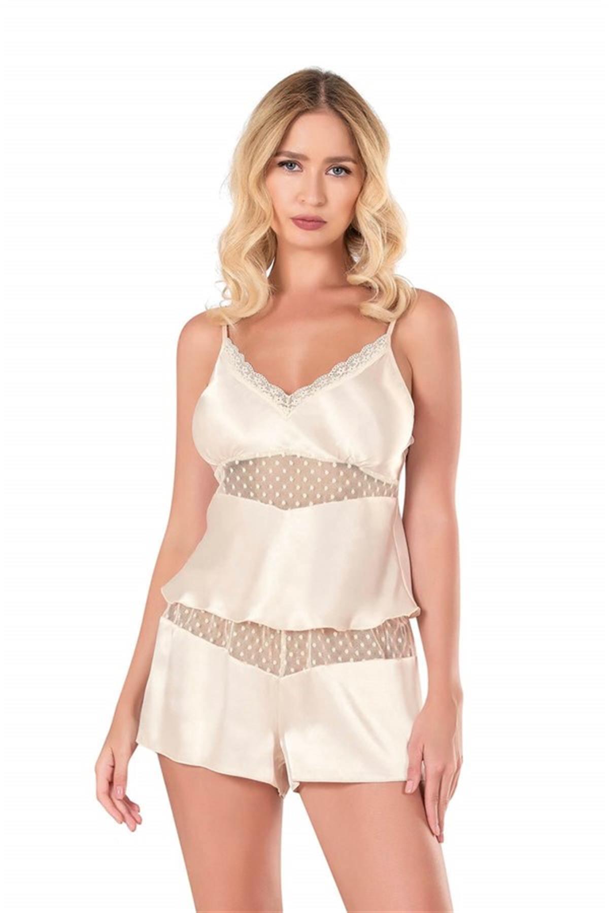Markano  Fildişi Saten Babydoll Şort Takımı