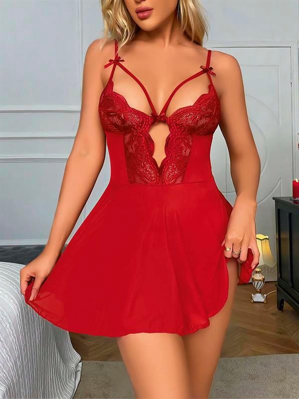 Aria's Closet Kırmızı Dantel İşlemeli Göğüs İp Detaylı Fantezi Tül Gecelik Takımı