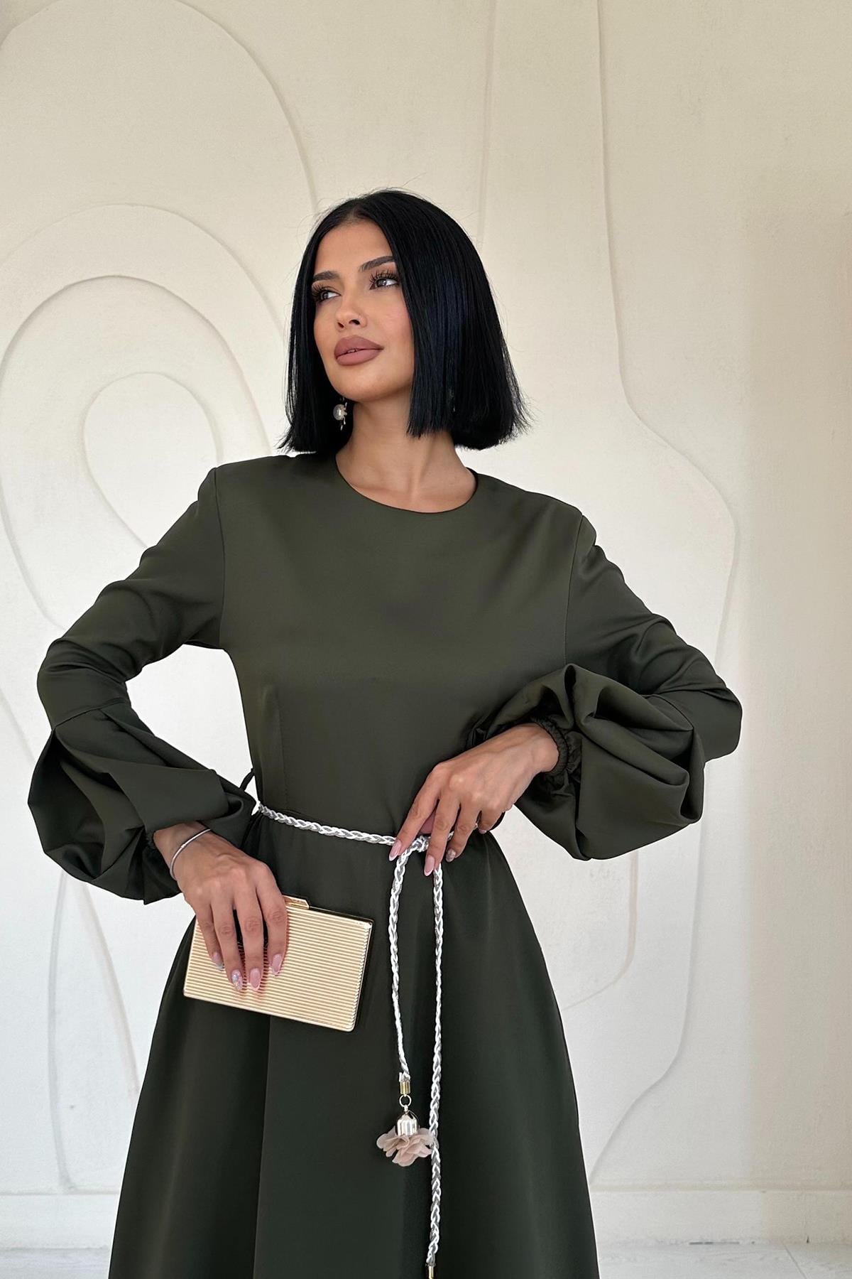 Balon Kollu Kuşaklı Elbise