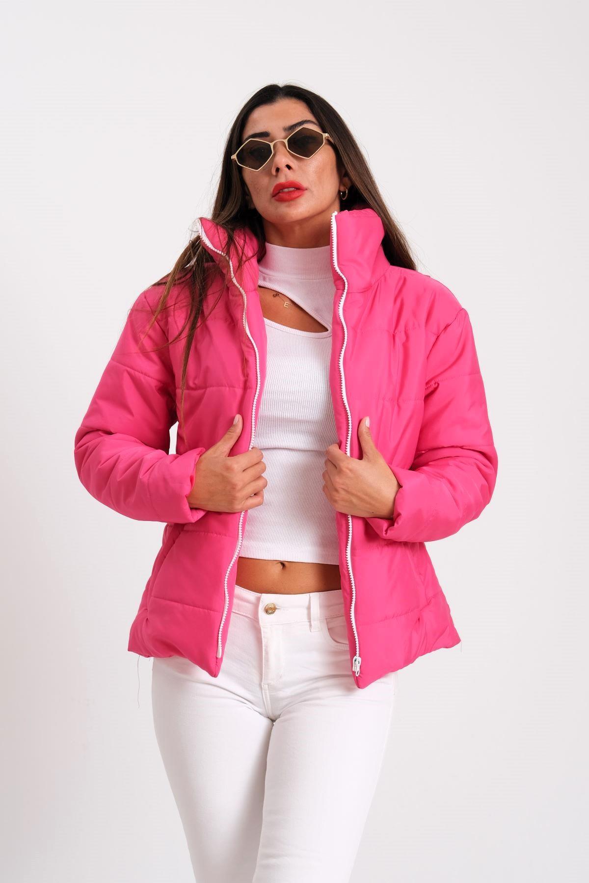 Fuşya Dik Yaka Su Geçirmez Tasarım Şişme Mont
