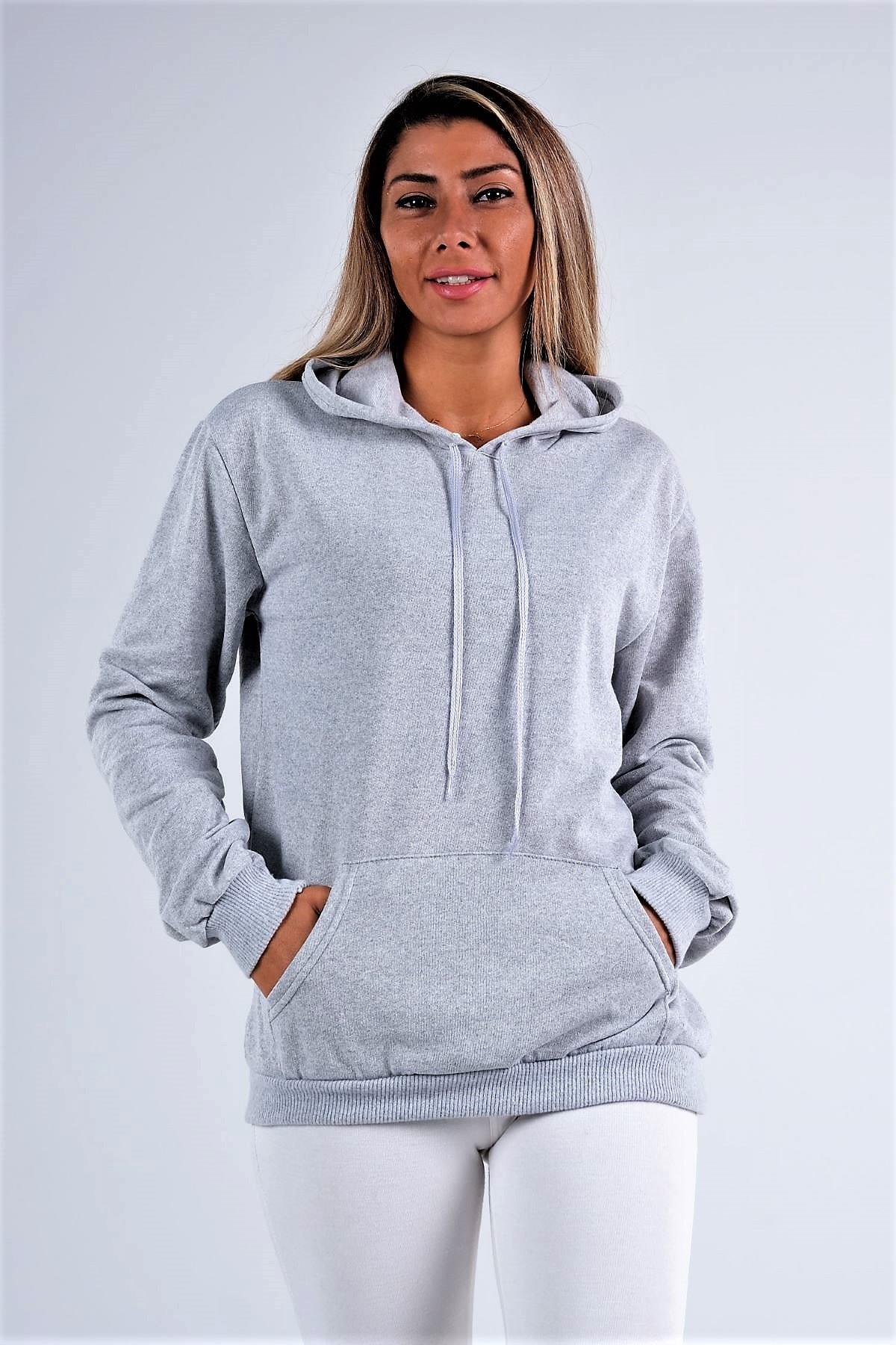 Gri Kapüşonlu Kanguru Cepli Şardonlu Sweatshirt