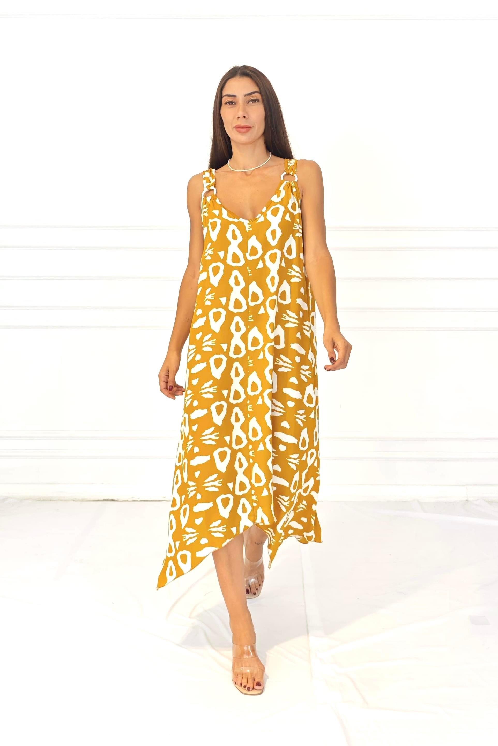 Hardal Rengi Desenli Askısı Halkalı Uzun Elbise