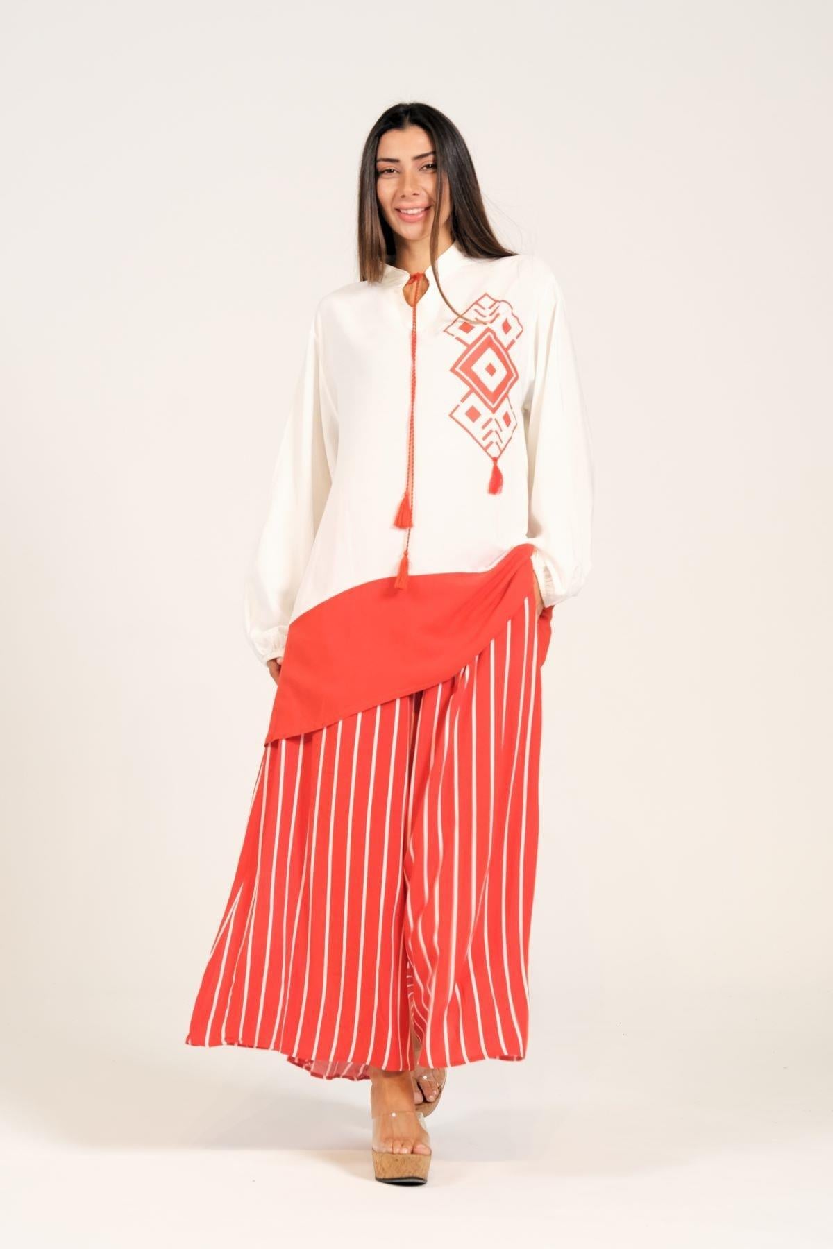 Kiremit Rengi Desenli Püsküllü Pantolonu Çizgili Cepli Tunik Pantolon İkili Takım