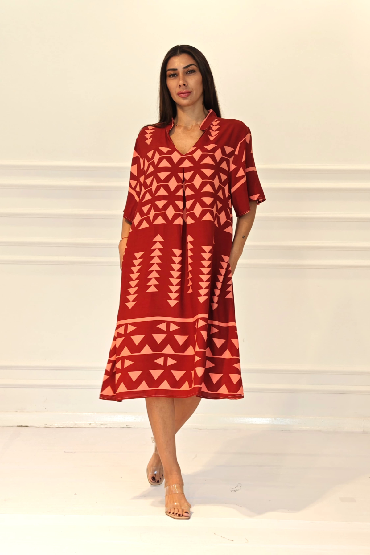 Kiremit Rengi V Yaka Desenli Cepli Midi Elbise