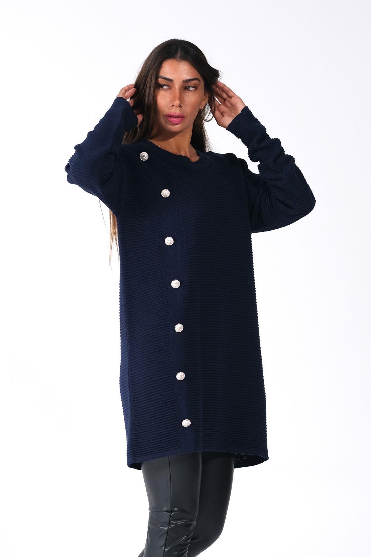 Lacivert Bisiklet Yaka Fitilli Düğme Detaylı Triko Kazak 