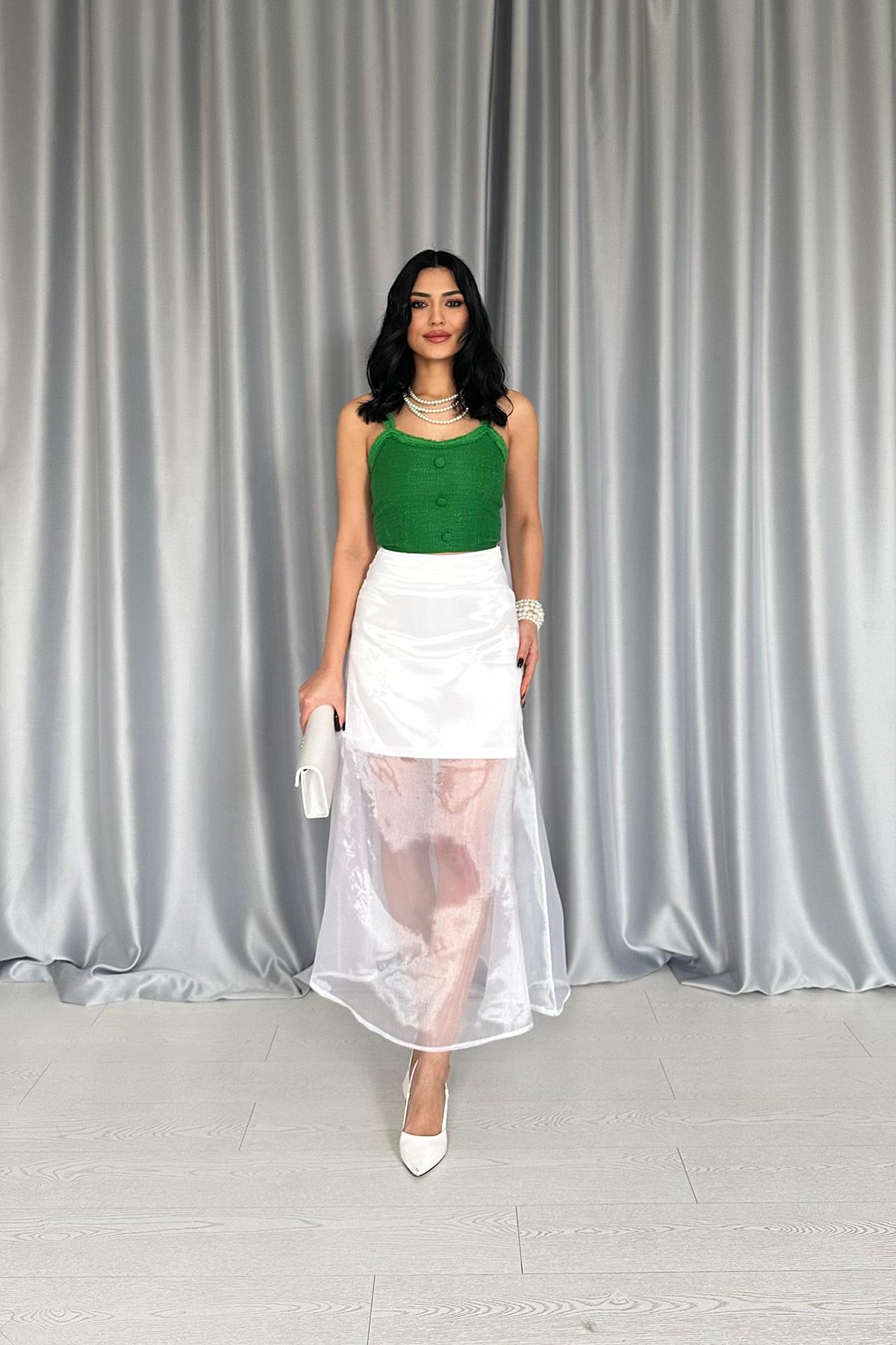 Organze Detaylı Atlas Etek