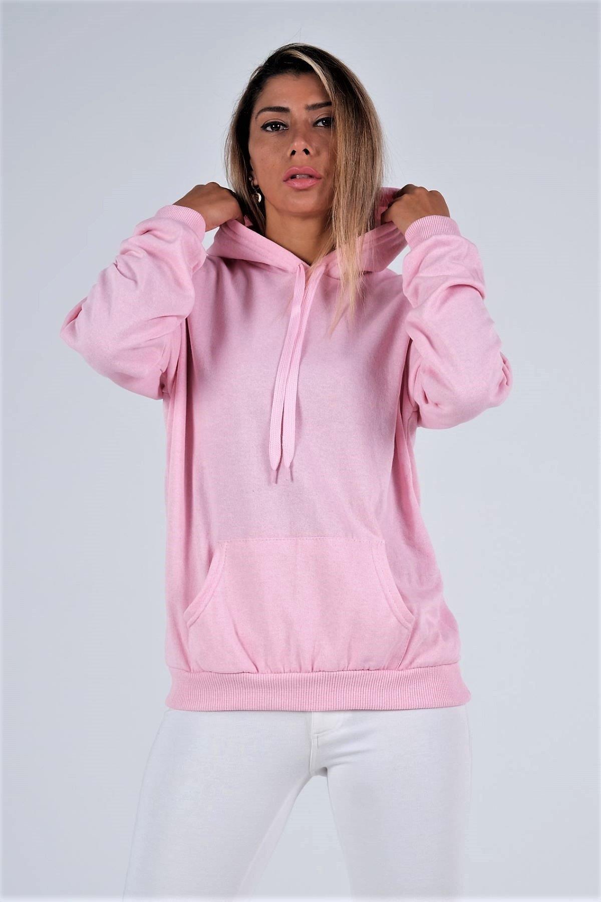 Pembe Kapüşonlu Kanguru Cepli Şardonlu Sweatshirt